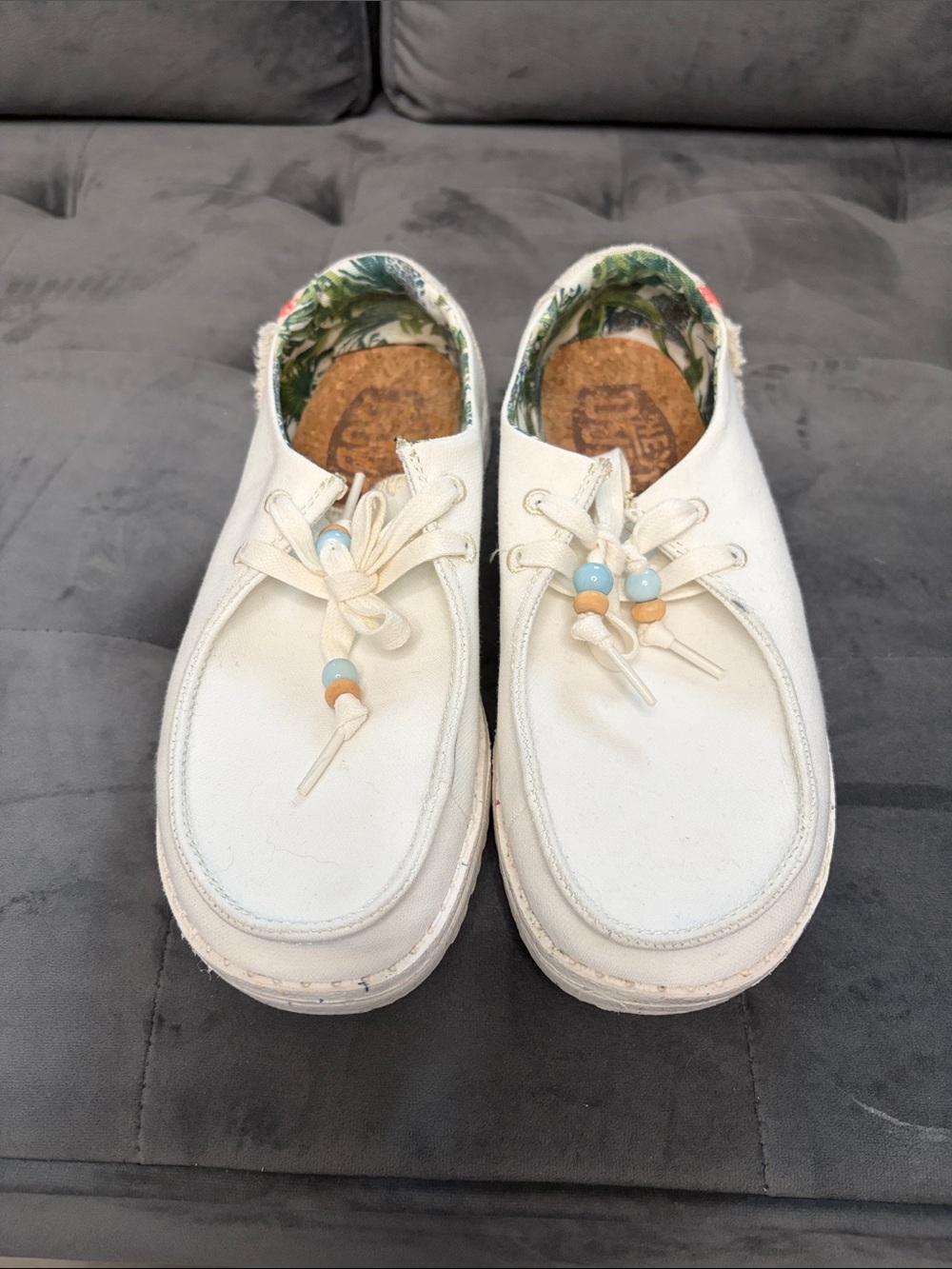 Hey Dude White Canvas Slip-On Loafers with Bead Accents